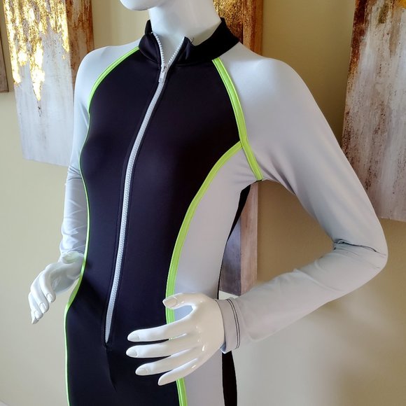 INC Bodycon Sexy Long Sleeve Neon Green Striped Color Block Zipper Jumpsuit SZ L - Picture 8 of 11